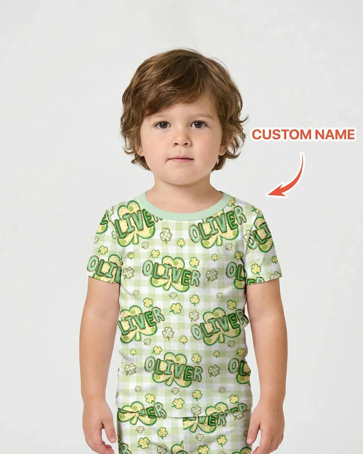 Lucky Shamrock Custom Name Bamboo Two Piece Short Sleeve Shorts Pajama Set