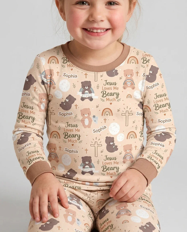 Custom Name Jesus Loves Me Beary Much Bamboo Two Piece Long Sleeve Pajama Set
