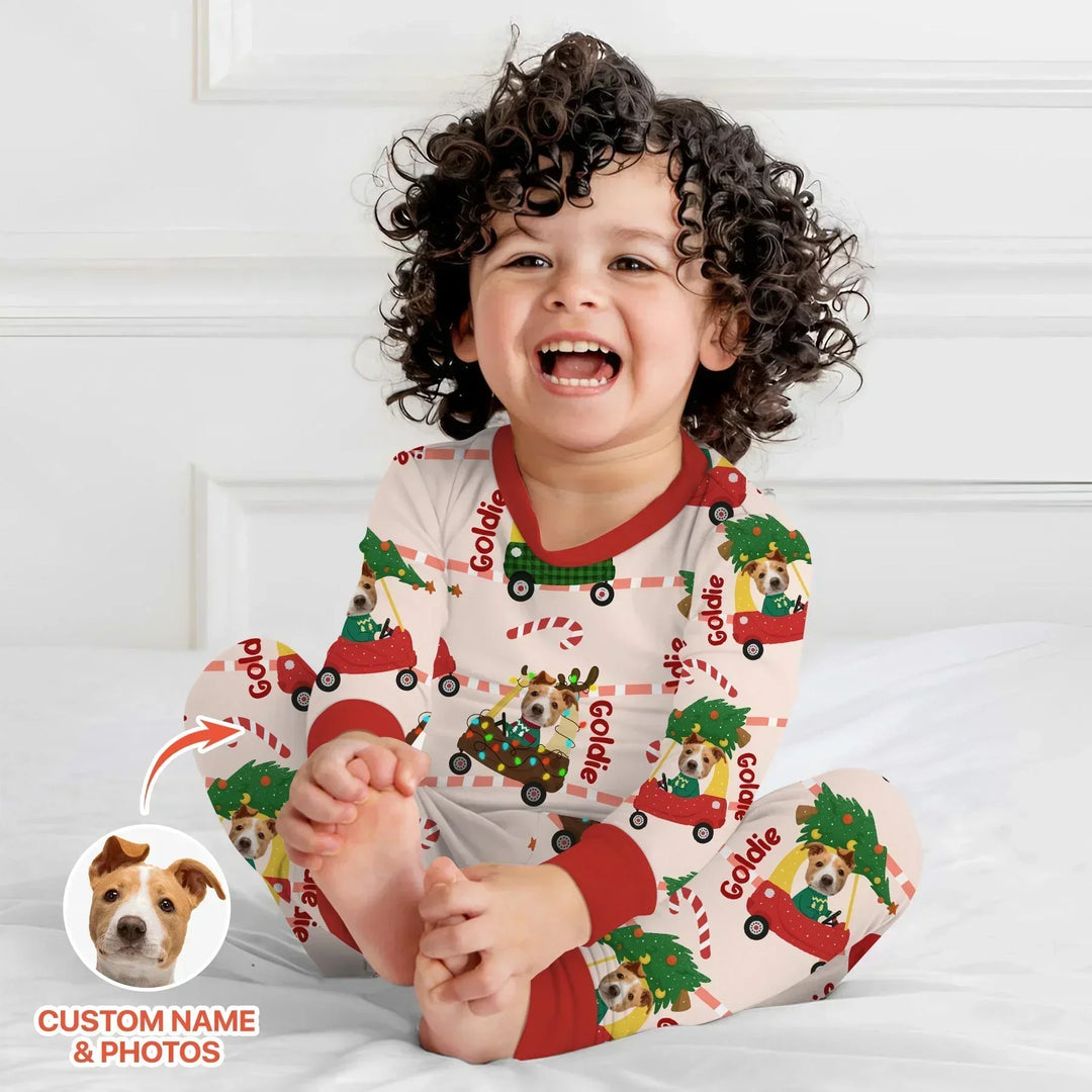 Custom Pet Photo Christmas Tikes Car Bamboo Two Piece Long Sleeve Pajama Set