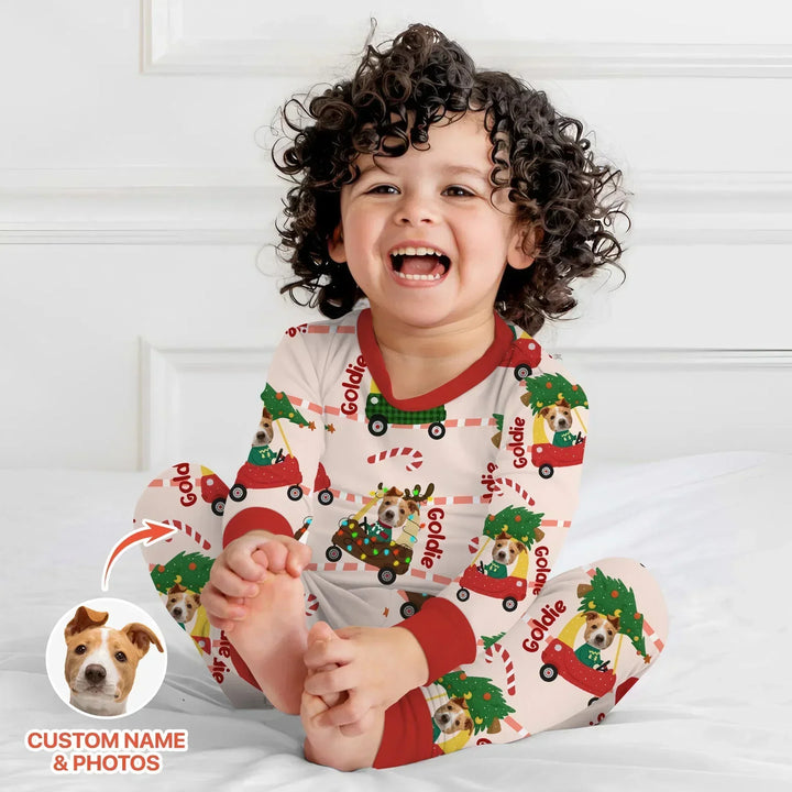 Custom Pet Photo Christmas Tikes Car Bamboo Two Piece Long Sleeve Pajama Set