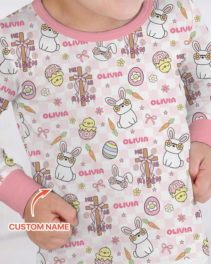 Custom Name Retro Easter Bamboo Two Piece Long Sleeve Pajama Set