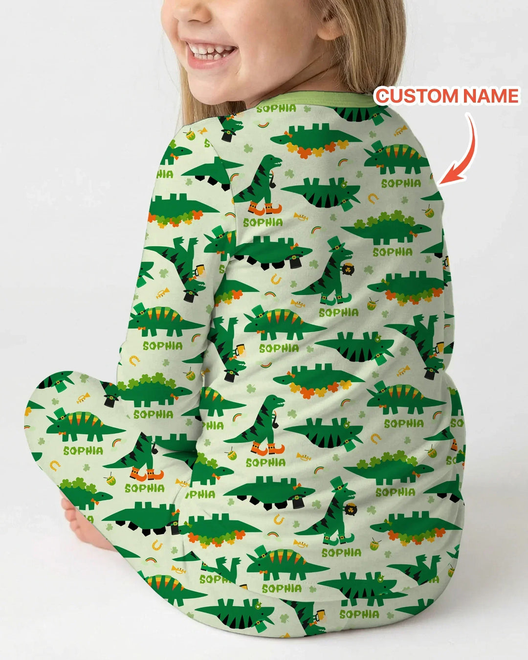 St. Patrick's Day Dinosaurs Custom Bamboo Two Piece Long Sleeve Pajama Set