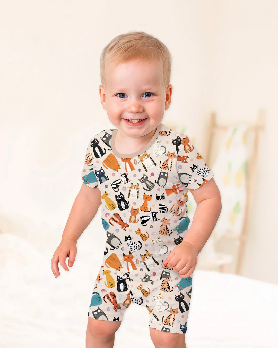 Goofy Mischief Cat Family Matching Bamboo Two Piece Short Sleeve Shorts Pajama Set