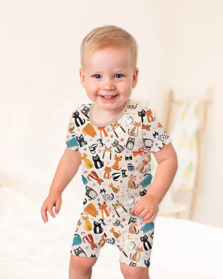 Goofy Mischief Cat Family Matching Bamboo Two Piece Short Sleeve Shorts Pajama Set