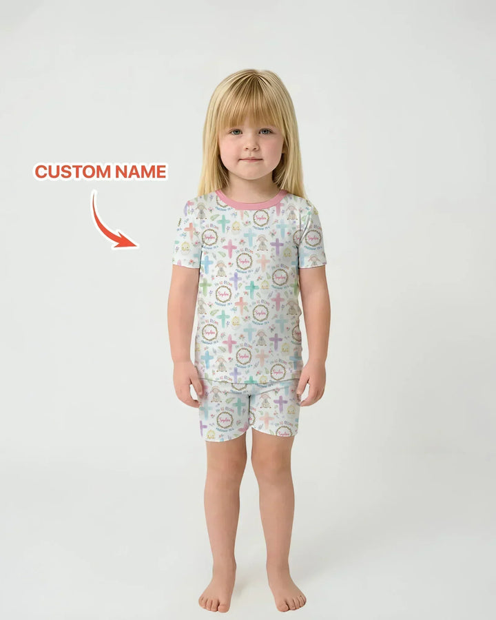 He Is Risen Personalized Bamboo Two Piece Short Sleeve Shorts Pajama Set
