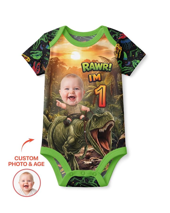 Custom Photo Dino Rawr Birthday Bamboo Bodysuit