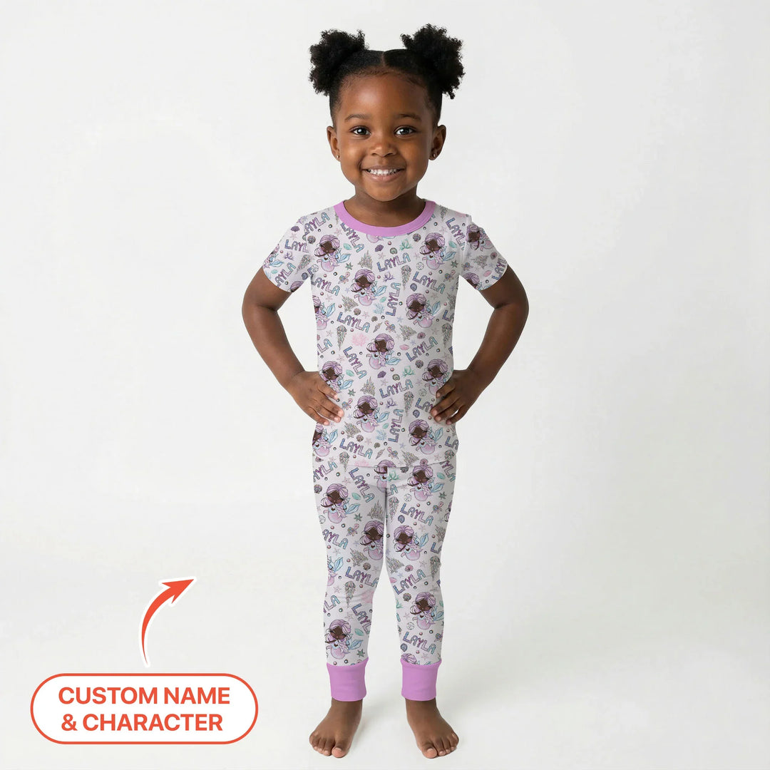 Custom Name Doodle Little Mermaid Bamboo Two Piece Short Sleeve Pajama Set