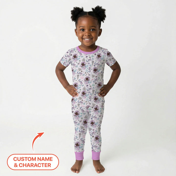 Custom Name Doodle Little Mermaid Bamboo Two Piece Short Sleeve Pajama Set