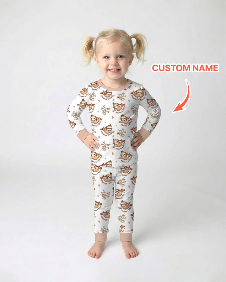 Custom Name Mama & Baby Sloth – Our First Mother’s Day 2026 Bamboo Two Piece Long Sleeve Pajama Set