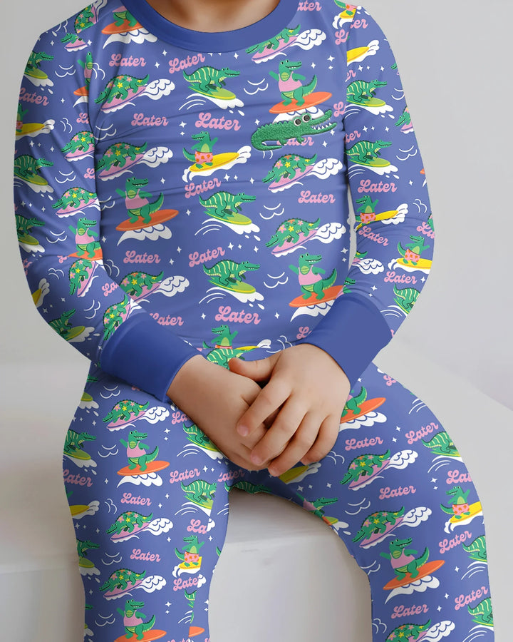 Embroidered Summer Alligator Bamboo Two Piece Long Sleeve Pajama Set