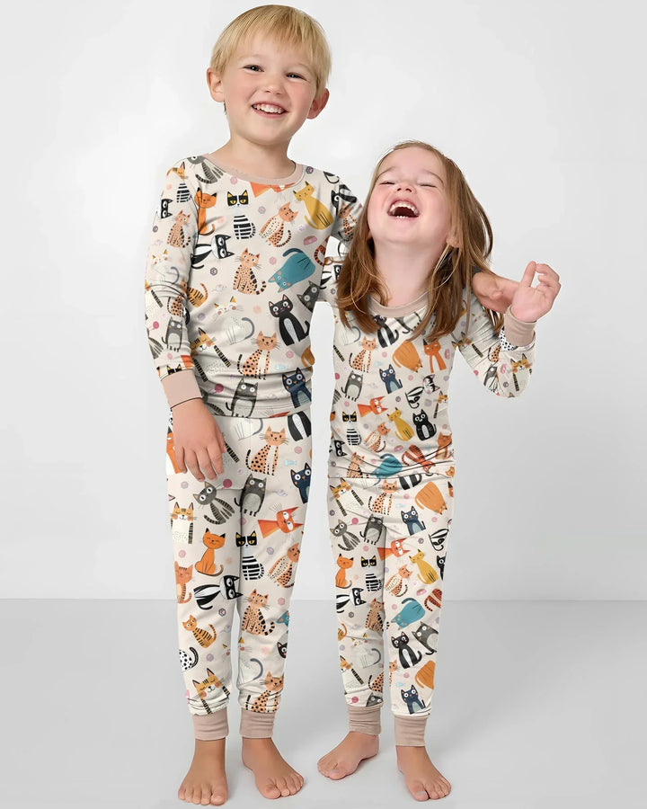 Goofy Mischief Cat Family Matching Bamboo Two Piece Long Sleeve Pajama Set