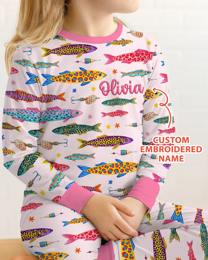 Custom Name Embroidered Colorful Fish Bamboo Two Piece Long Sleeve Pajama Set