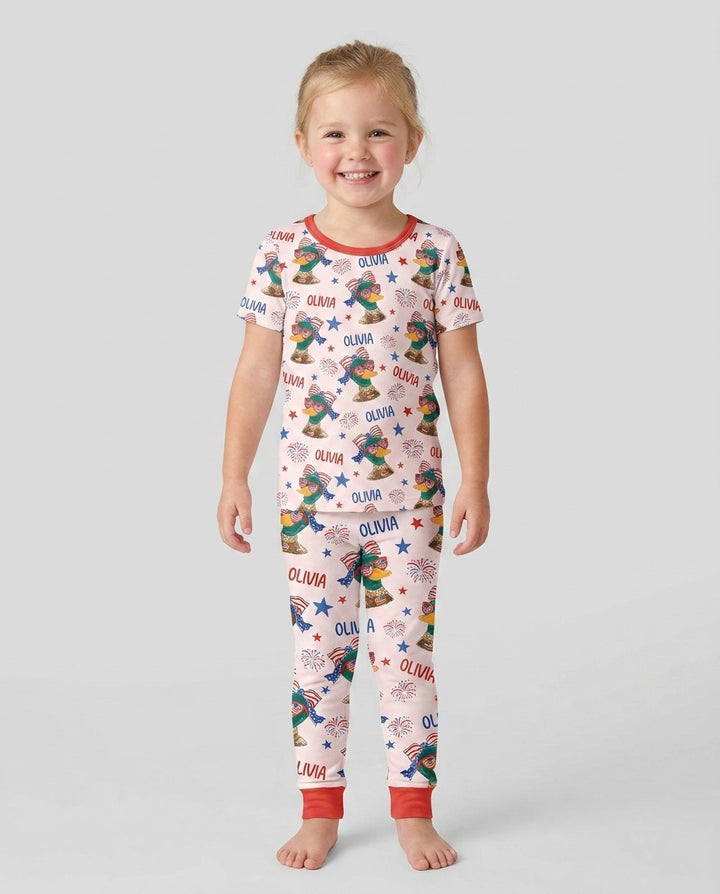 Custom Name Patriotic Mallard Duck Bamboo Two Piece Short Sleeve Pajama Set