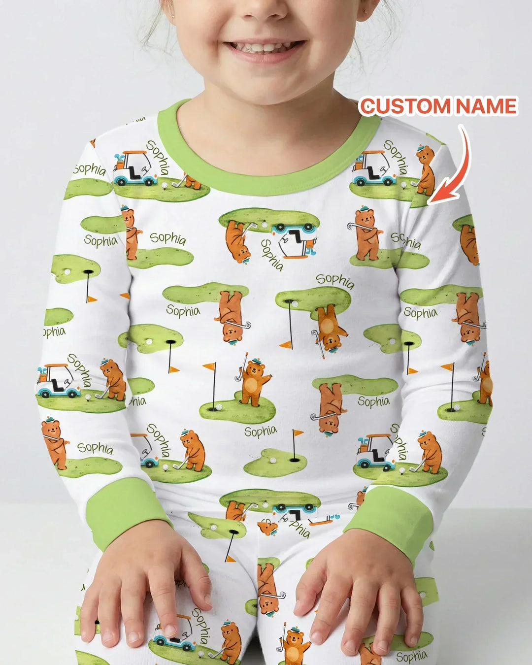 Custom Name Little Bear Golf Club Bamboo Two Piece Long Sleeve Pajama Set