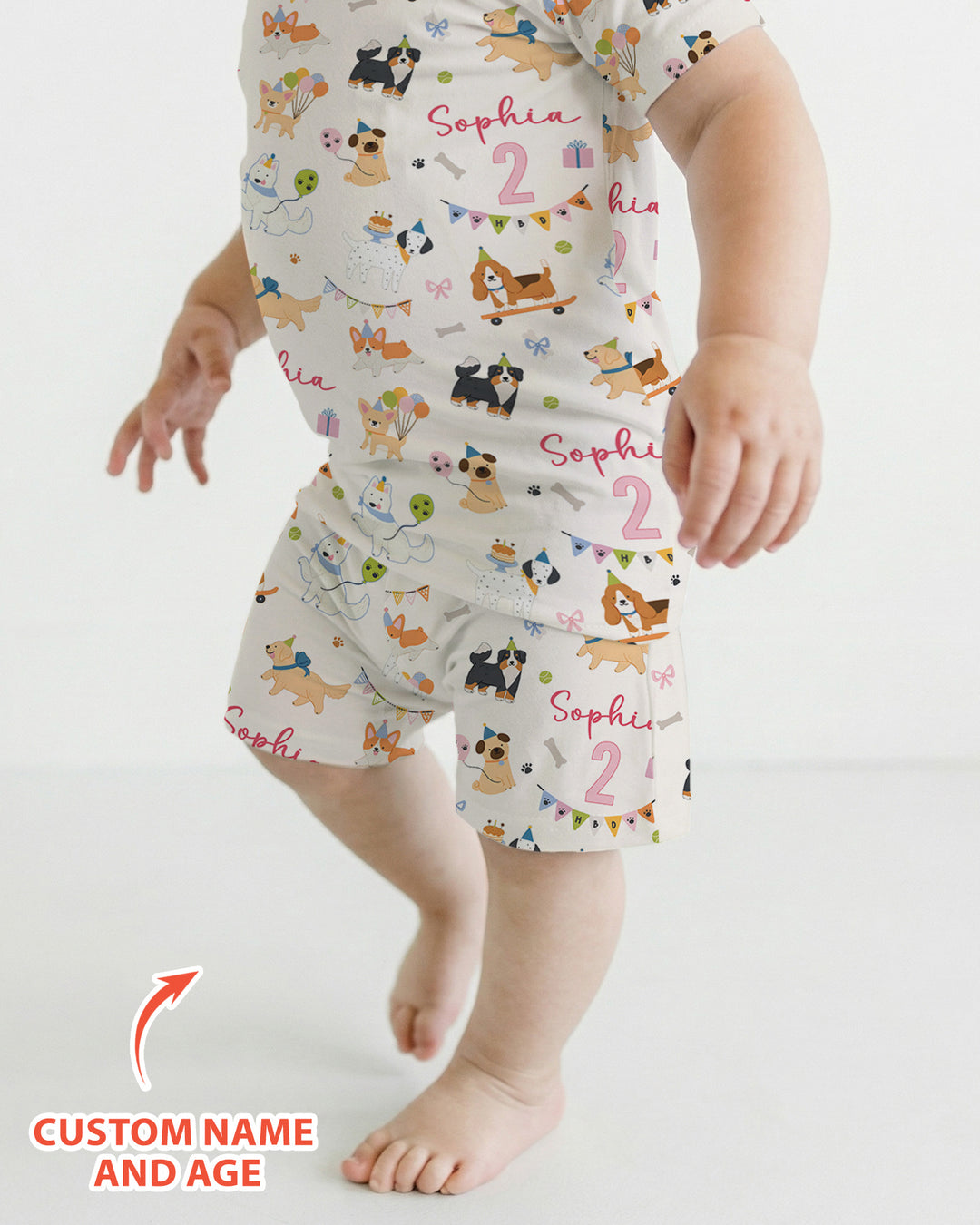 Custom Name Birthday Dogs Party Bamboo Two Piece Short Sleeve Shorts Pajama Set