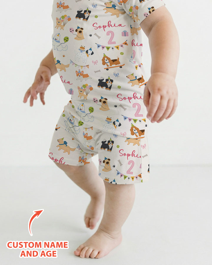 Custom Name Birthday Dogs Party Bamboo Two Piece Short Sleeve Shorts Pajama Set