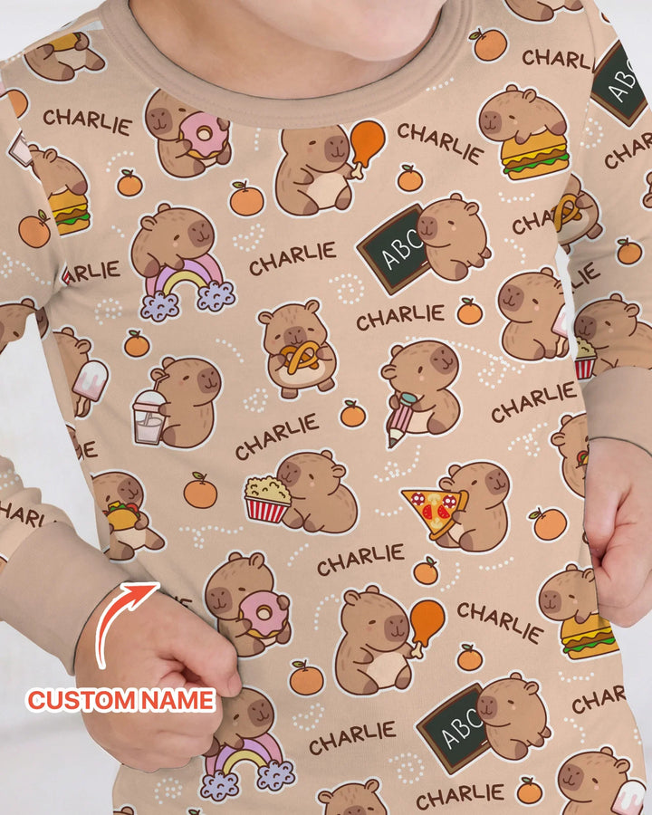 Custom Name Cute Capybara Bamboo Two Piece Long Sleeve Pajama Set