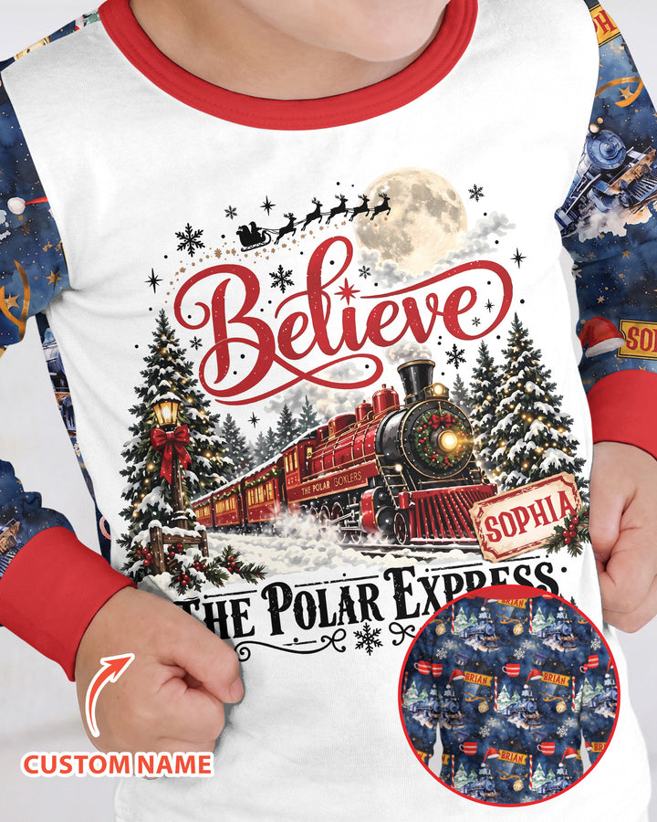 Believe North Pole Train Custom Name  Bamboo Two Piece Long Sleeve Pajama Set