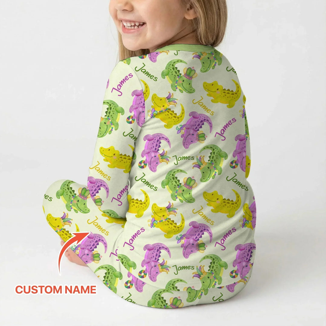 Custom Name Mardi Gras Alligator Bamboo Two Piece Long Sleeve Pajama Set