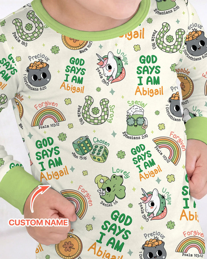 Personalized God Says I Am St. Patrick's Day Family Matching Bamboo Two Piece Long Sleeve Pajama Set