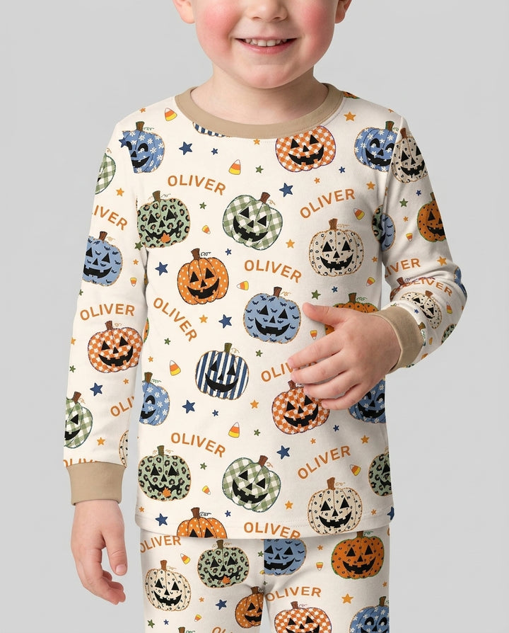 Custom Name Colorful Jack O Lantern Bamboo Two Piece Long Sleeve Pajama Set