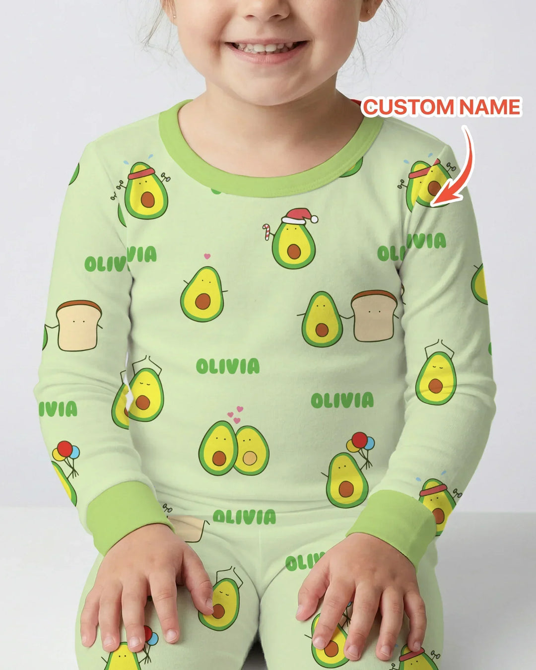 Custom Name Cute Avocado Bamboo Two Piece Long Sleeve Pajama Set