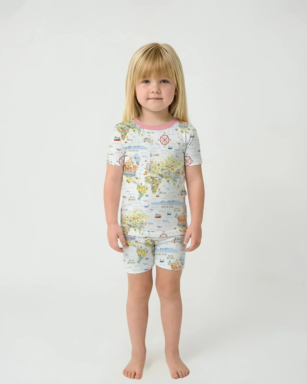 Whimsical World Map Family Matching Bamboo Two Piece Short Sleeve Shorts Pajama Set