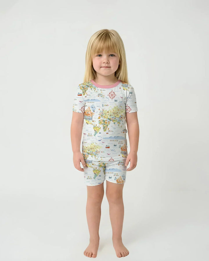 Whimsical World Map Family Matching Bamboo Two Piece Short Sleeve Shorts Pajama Set