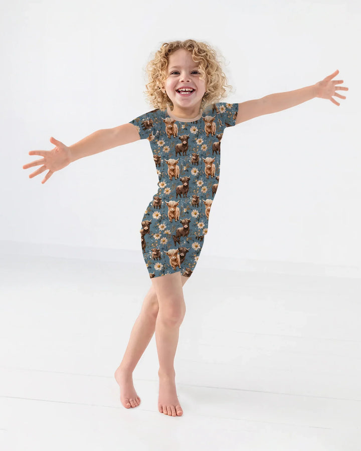 Majestic Highland Cows Family Matching Bamboo Two Piece Short Sleeve Shorts Pajama Set