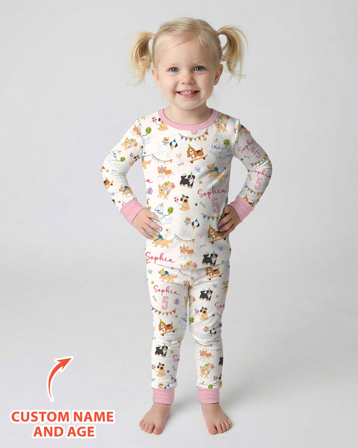 Custom Name Birthday Dogs Party Bamboo Two Piece Long Sleeve Pajama Set