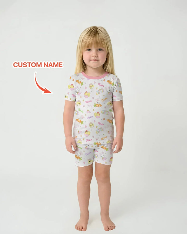 Custom name Happy Easter Bamboo Two Piece Short Sleeve Shorts Pajama Set