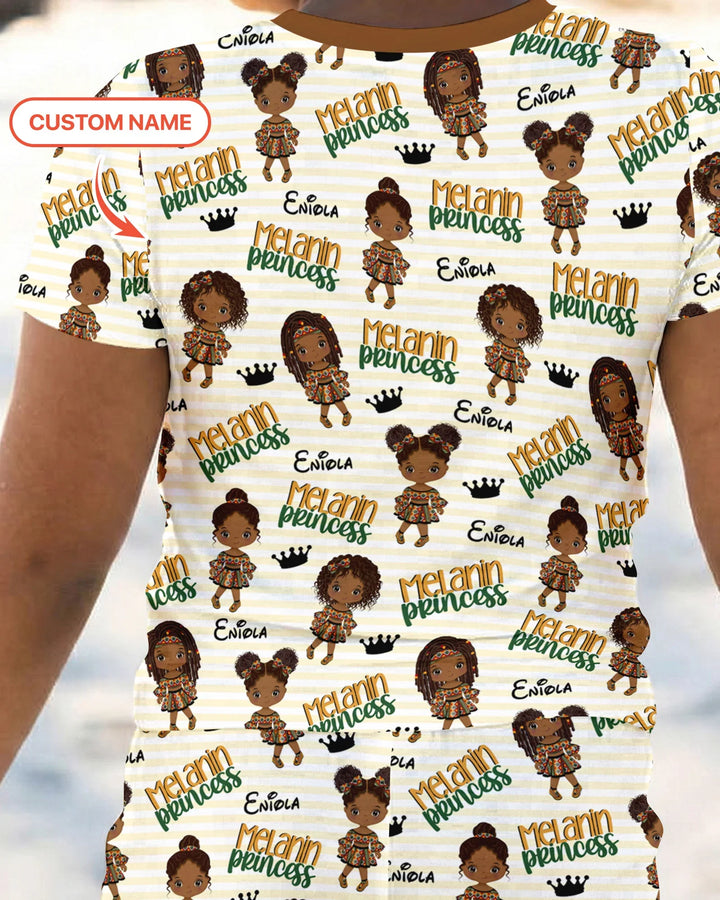 Custom Name Melanin Princess Bamboo Two Piece Short Sleeve Pajama Set