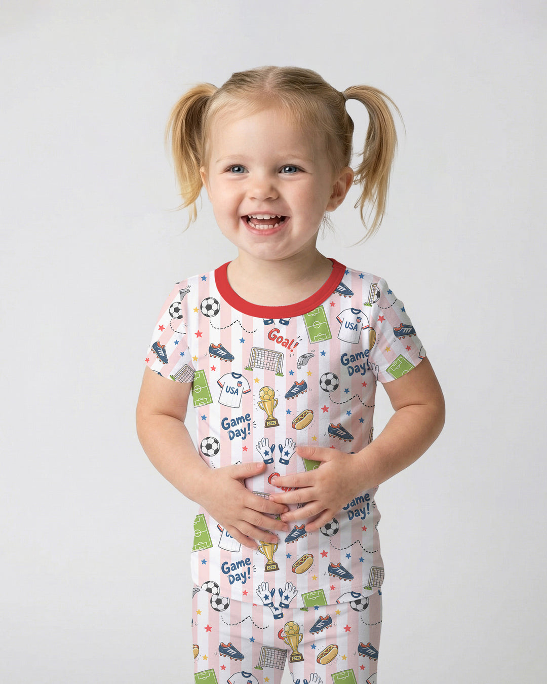 Striped Soccer Game Day Family Matching Bamboo Two Piece Short Sleeve Pajama Set