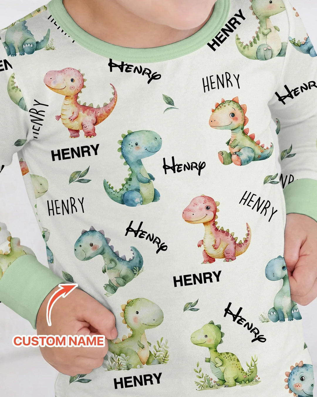 Dinosaur Custom Name Bamboo Two Piece Long Sleeve Pajama Set