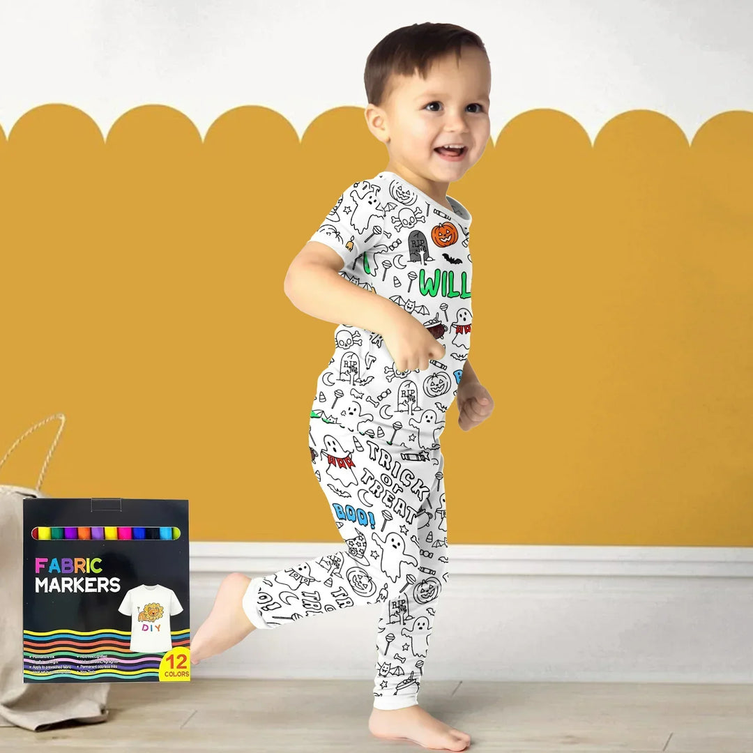 Custom Name Colorable Halloween Trick or Treat Two Piece Short Sleeve Pajama Set , Custom Name Colorable Halloween Trick or Treat Two Piece Short Sleeve Pajama Set - 3T