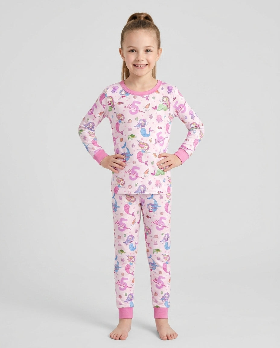 Custom Name Birthday Mermaid Bamboo Two Piece Long Sleeve Pajama Set
