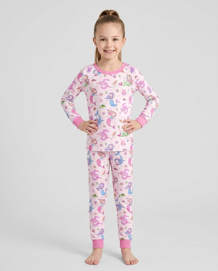 Custom Name Birthday Mermaid Bamboo Two Piece Long Sleeve Pajama Set
