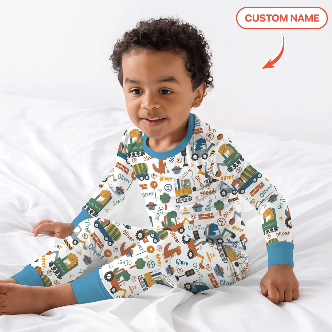 Custom Name Dino Diggers Bamboo Two Piece Long Sleeve Pajama Set