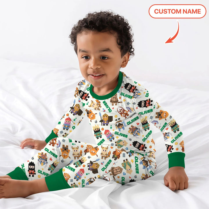 Blocky Buddy Squad Custom Name Bamboo Two Piece Long Sleeve Pajama Set
