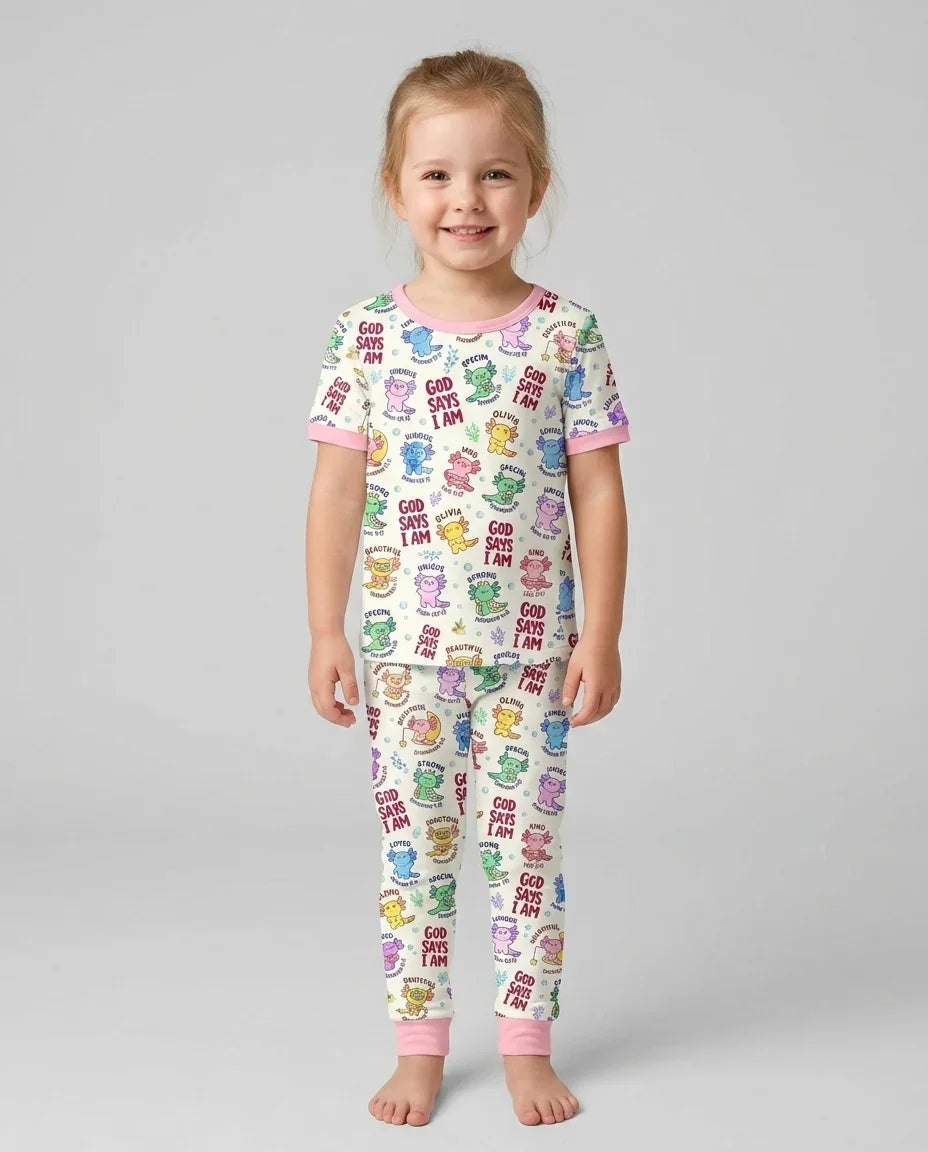 Axolotl God Says I Am Custom Name Bamboo Two Piece Short Sleeve Pajama Set