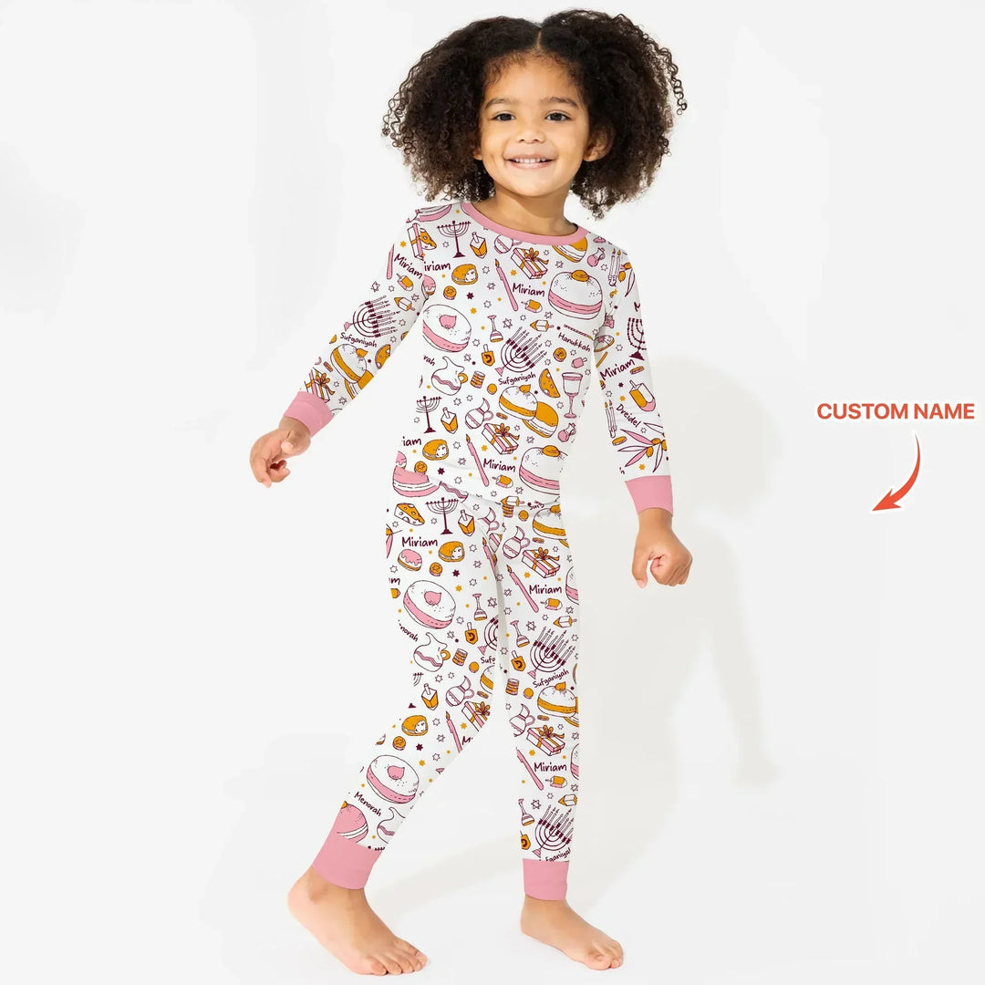 Happy Hanukkah Doodles Custom Name Family Matching Bamboo Two Piece Long Sleeve Pajama Set