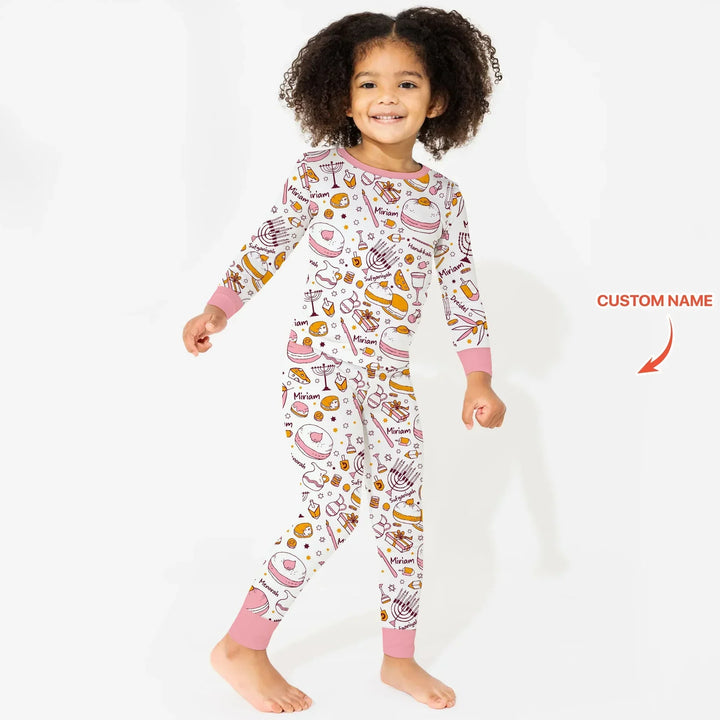 Happy Hanukkah Doodles Custom Name Family Matching Bamboo Two Piece Long Sleeve Pajama Set