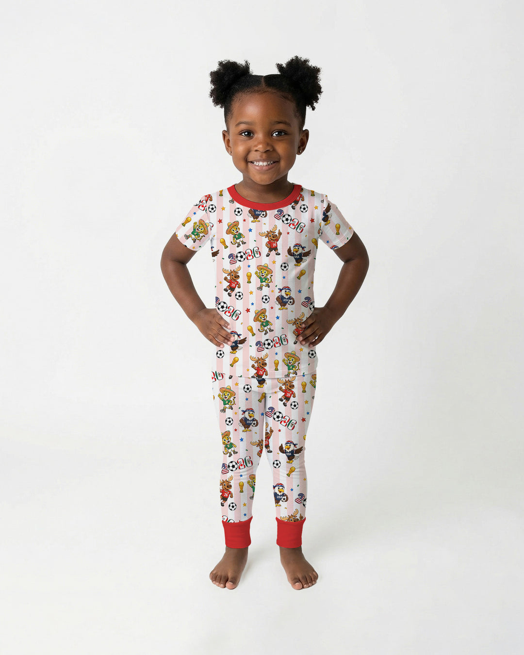 Striped Cute Mascots Soccer Cup 2026 Bamboo Two Piece Short Sleeve Pajama Set