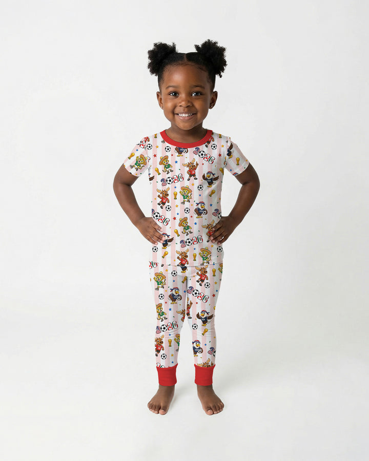 Striped Cute Mascots Soccer Cup 2026 Bamboo Two Piece Short Sleeve Pajama Set