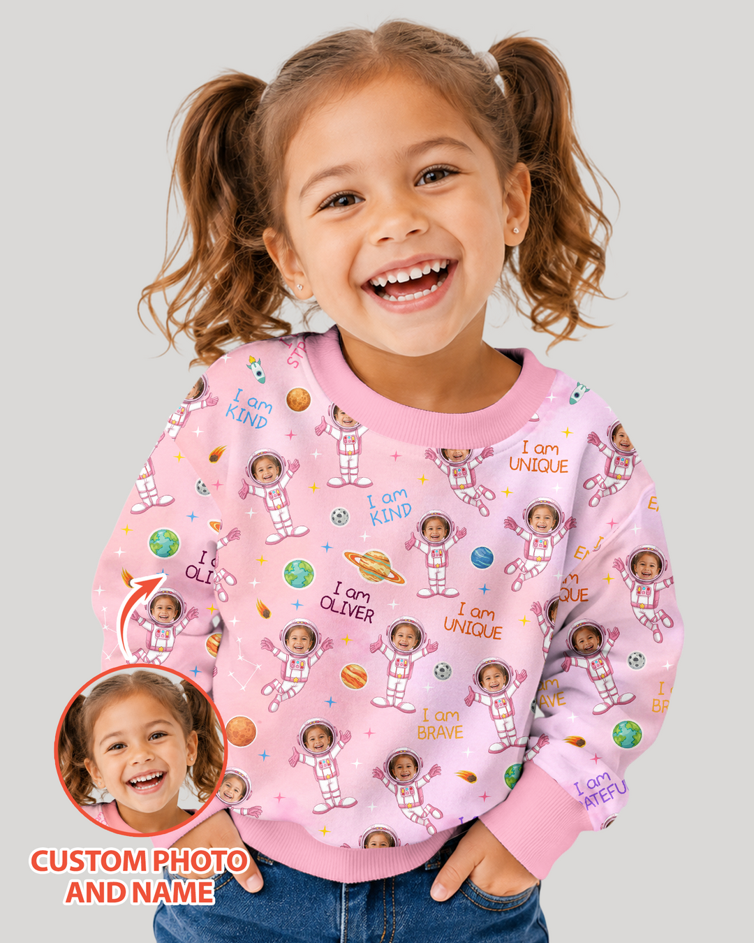 Custom Photo Kid Affirmations I Am Kind Astronaut Bamboo Crewneck Sweatshirt