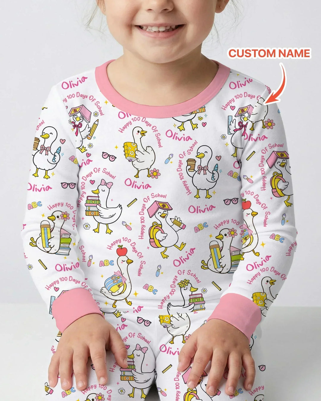 Custom Name Goose Happy 100 Days Of School Bamboo Two Piece Long Sleeve Pajama Set