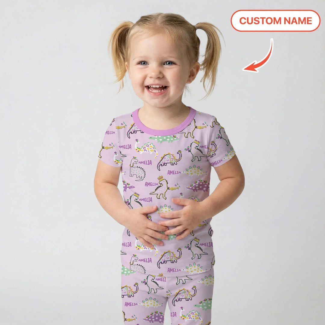 Custom Name Mardi Gras Saurus Bamboo Two Piece Short Sleeve Pajama Set