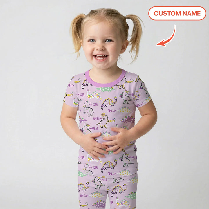 Custom Name Mardi Gras Saurus Bamboo Two Piece Short Sleeve Pajama Set