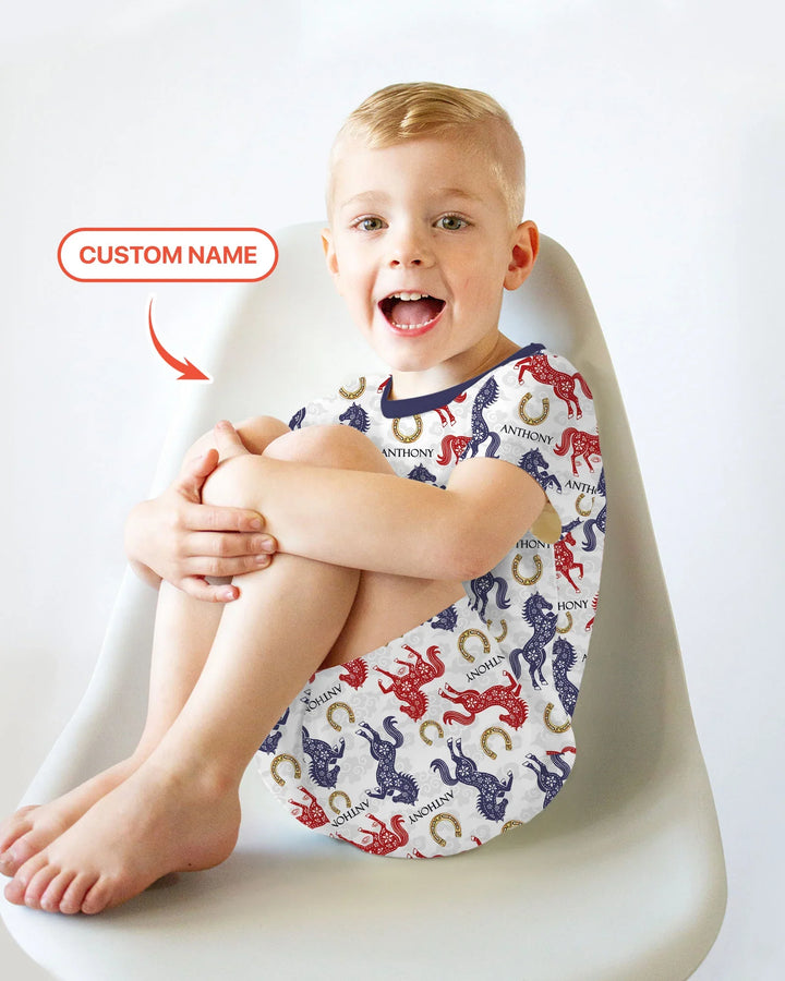 Custom Name Chinoiserie Horses Bamboo Two Piece Short Sleeve Shorts Pajama Set