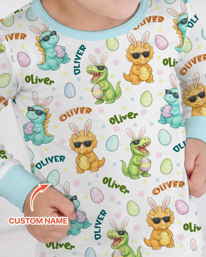 Custom Name Dinosaur on the Hunt Bamboo Two Piece Long Sleeve Pajama Set